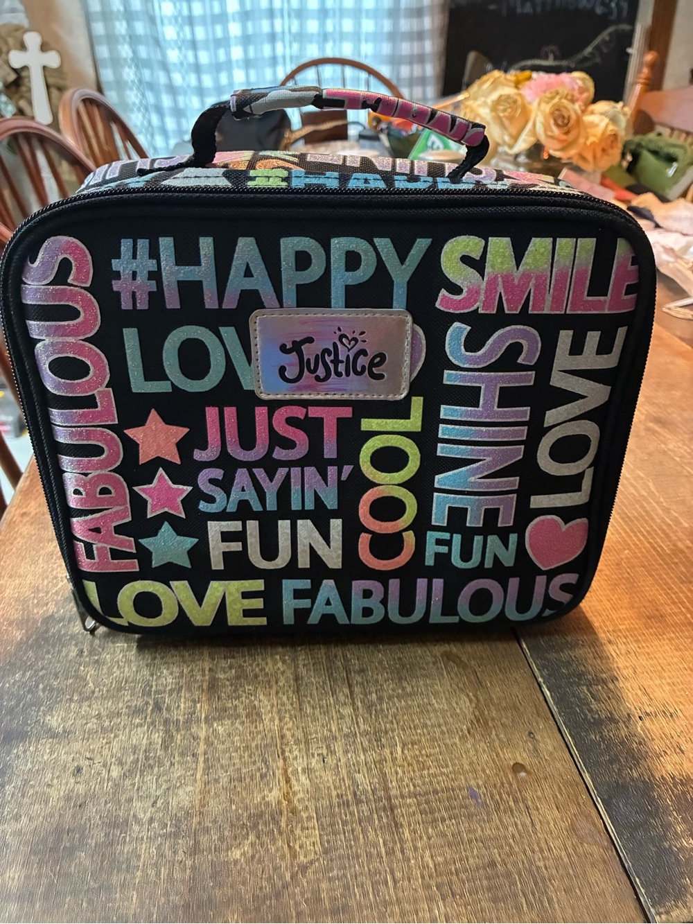 Justice Black lunch bag  with Pastel Rainbow Text